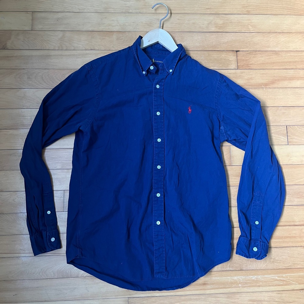 Ralph Lauren Mens Navy Blue Cotton Button Down Shirt Red Pony Logo Size M